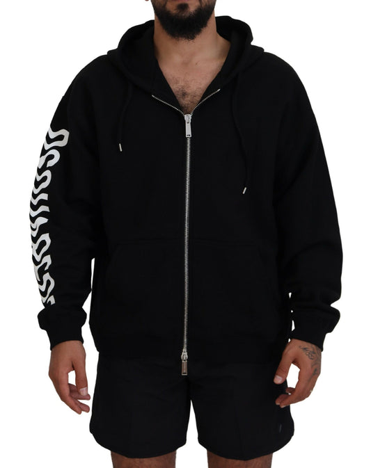  - Black Hooded Full Zip Printed Sleeves Sweater