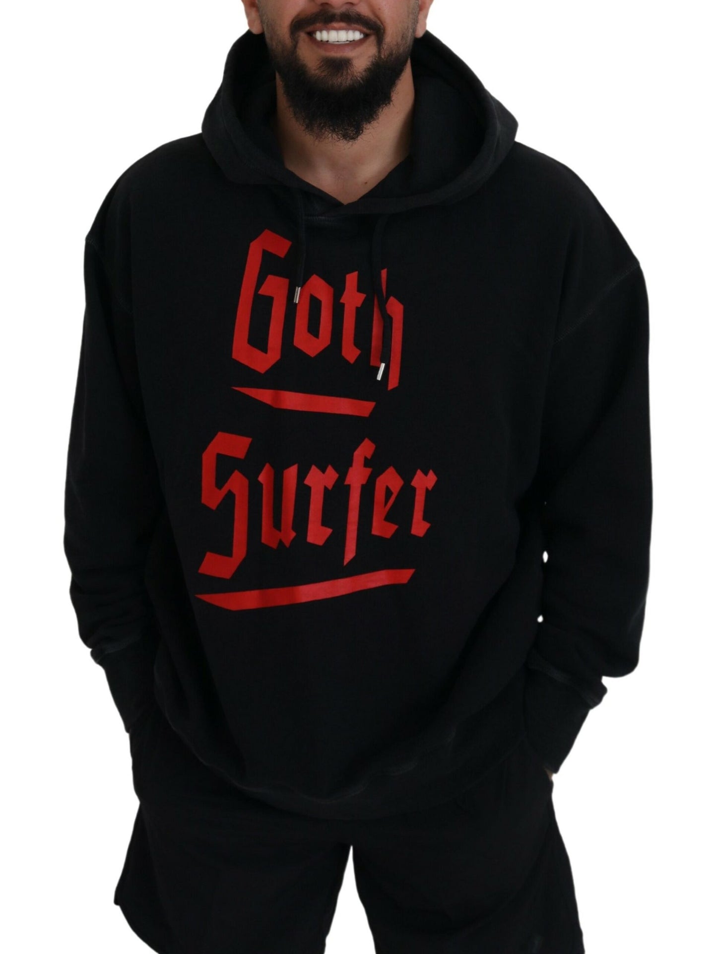  - Black Cotton Hooded Printed Men Pullover Sweater