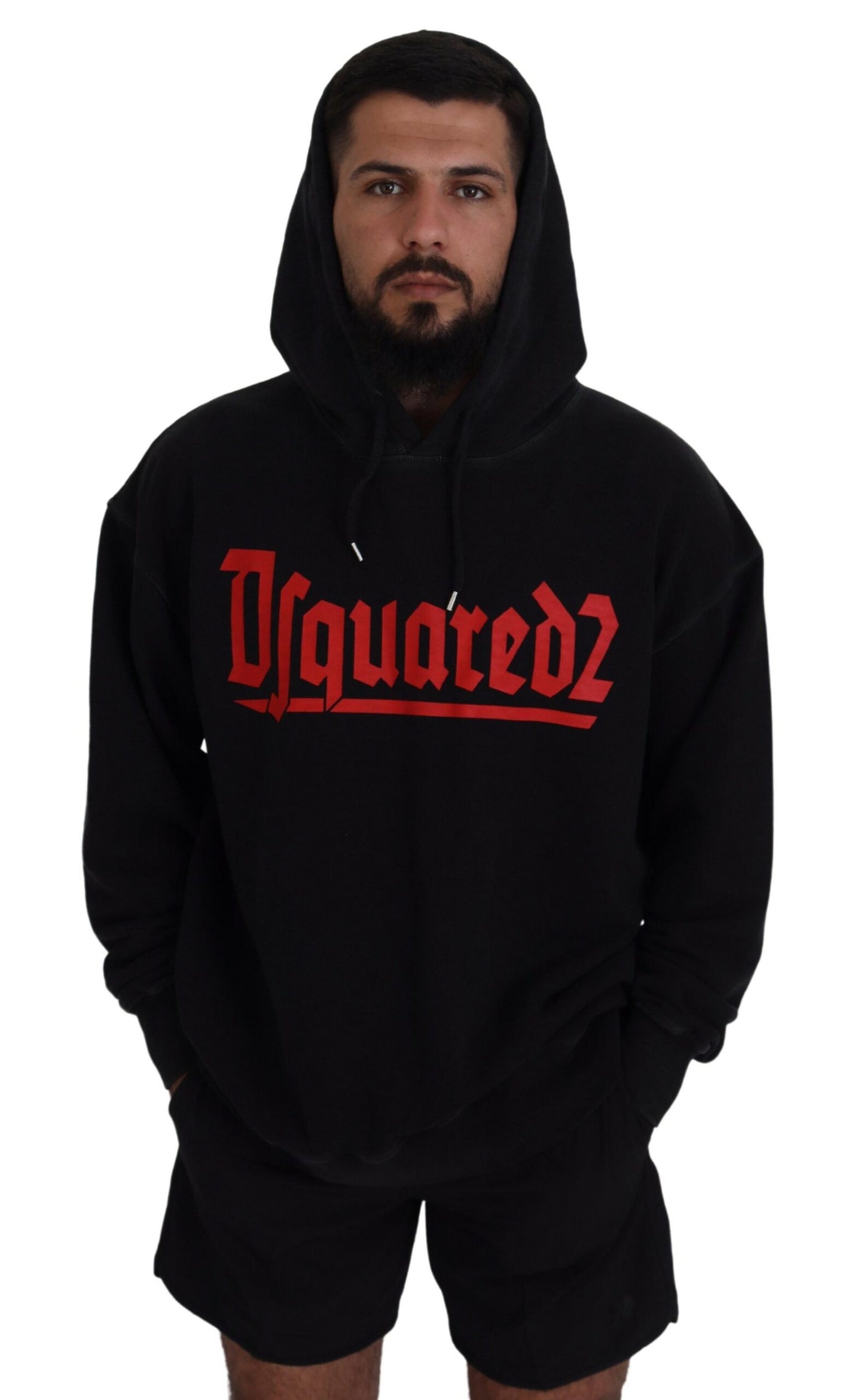  - Black Cotton Hooded Printed Men Pullover Sweater