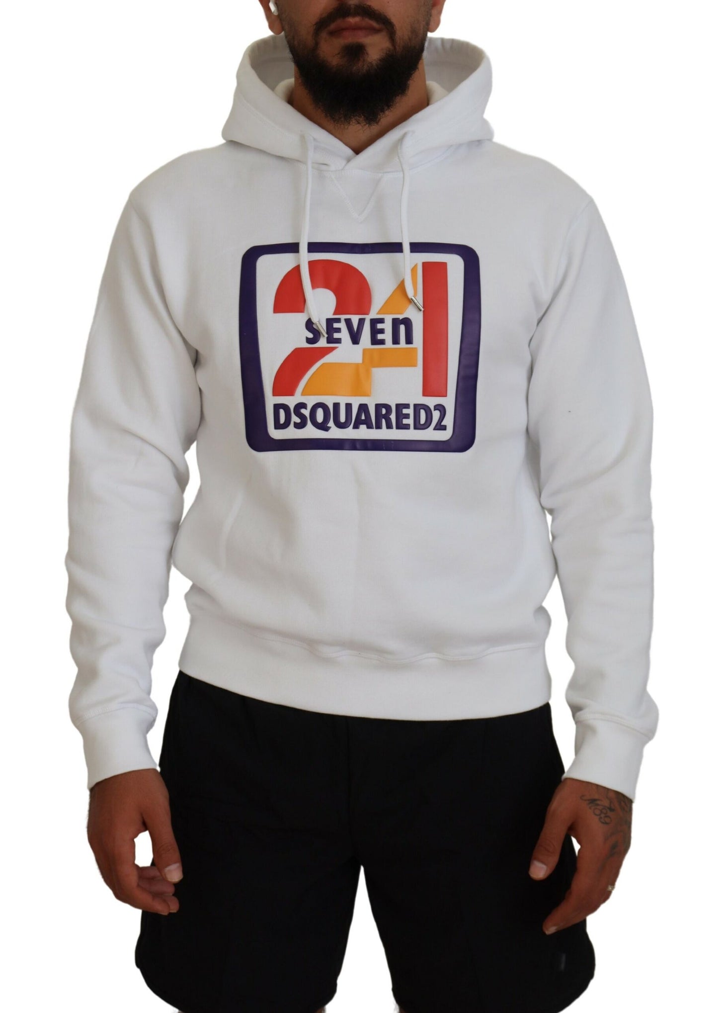  - White Cotton Hooded Printed Men Pullover Sweater