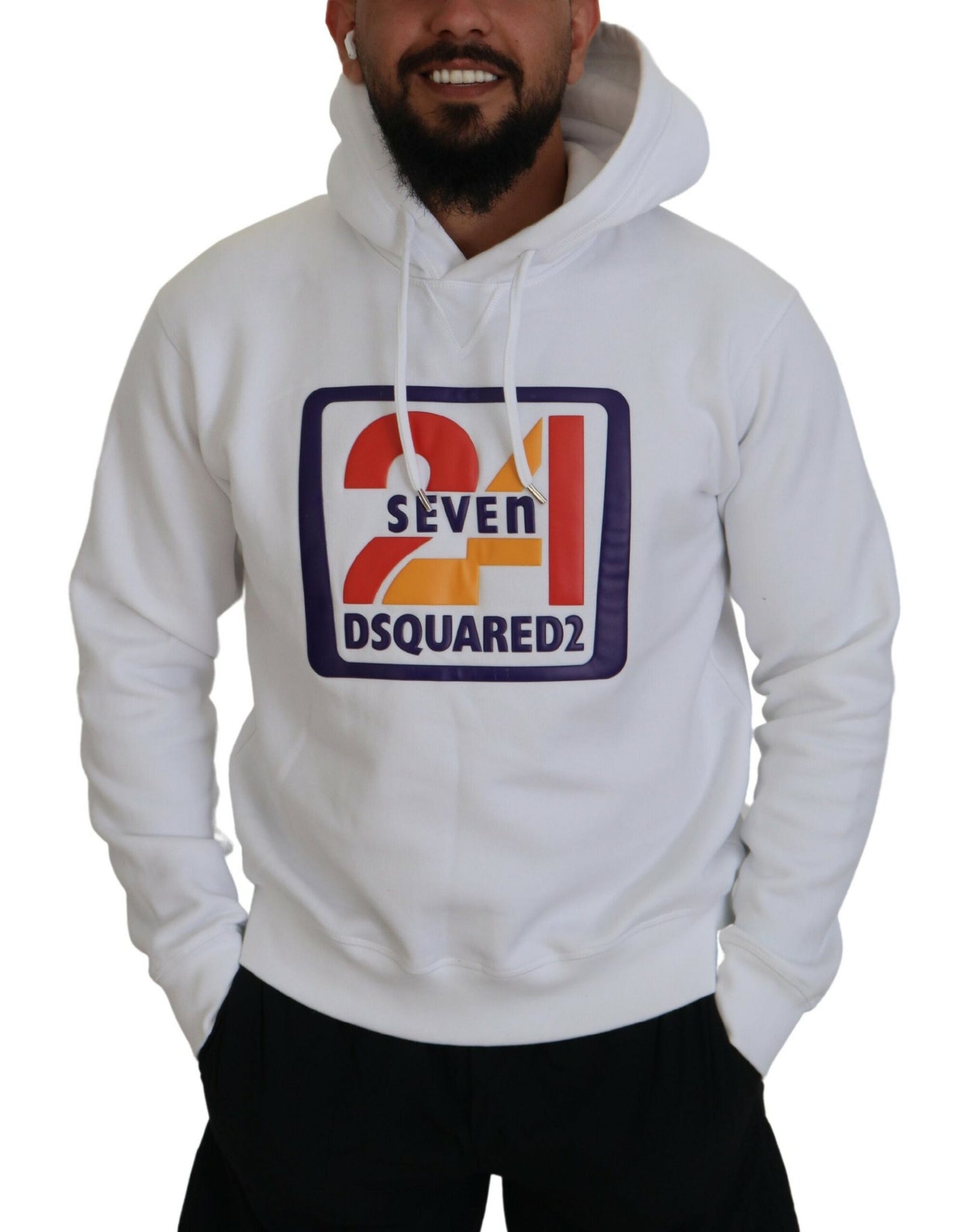  - White Cotton Hooded Printed Men Pullover Sweater