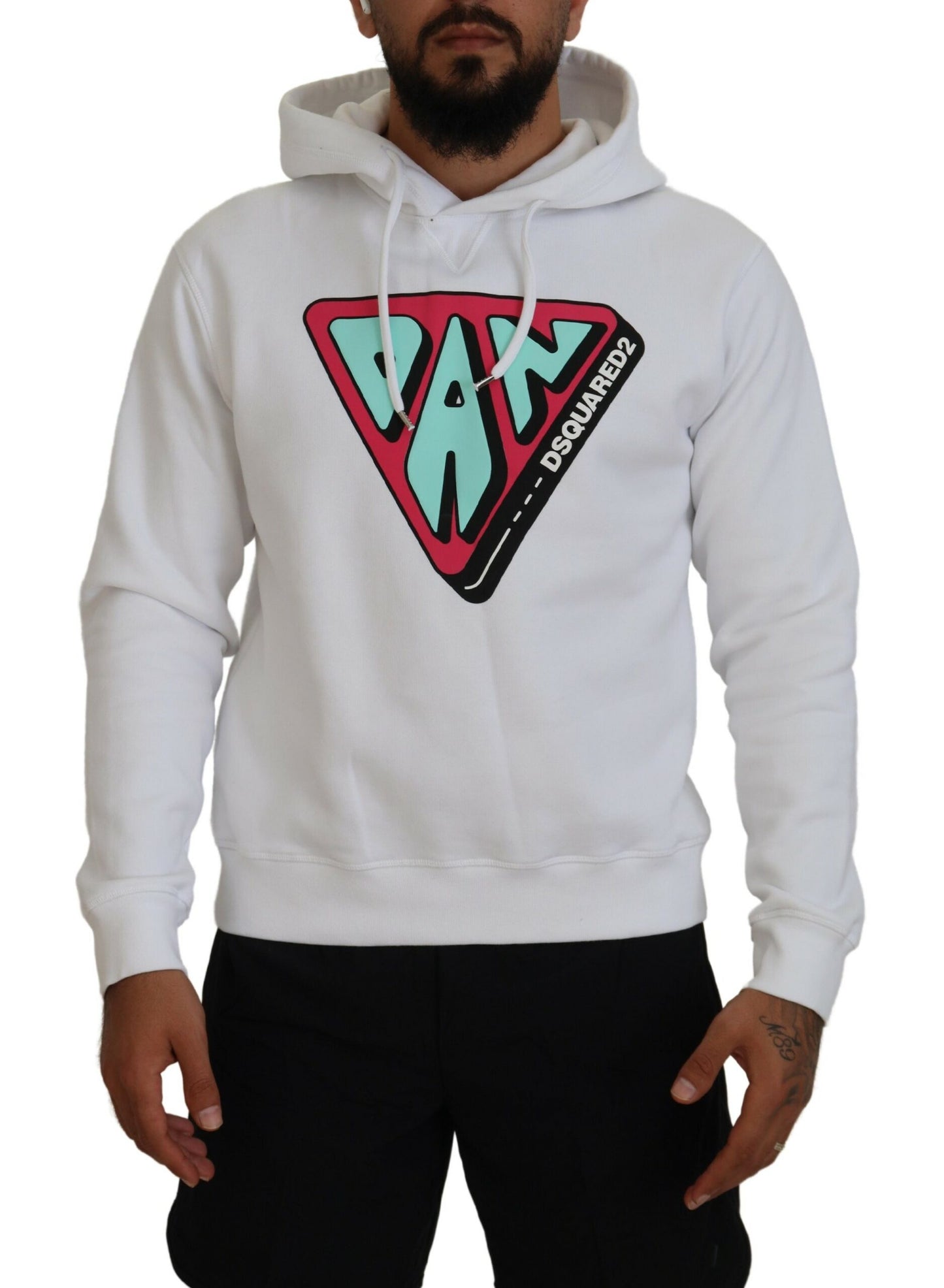  - White Cotton Hooded Printed Pullover Sweater