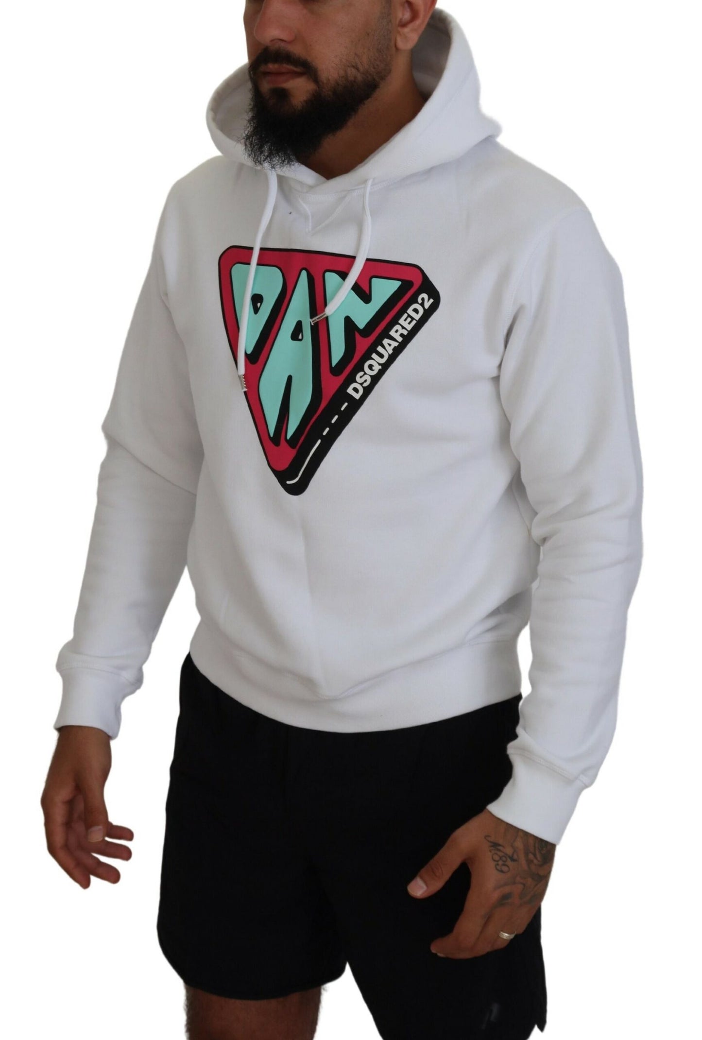  - White Cotton Hooded Printed Pullover Sweater