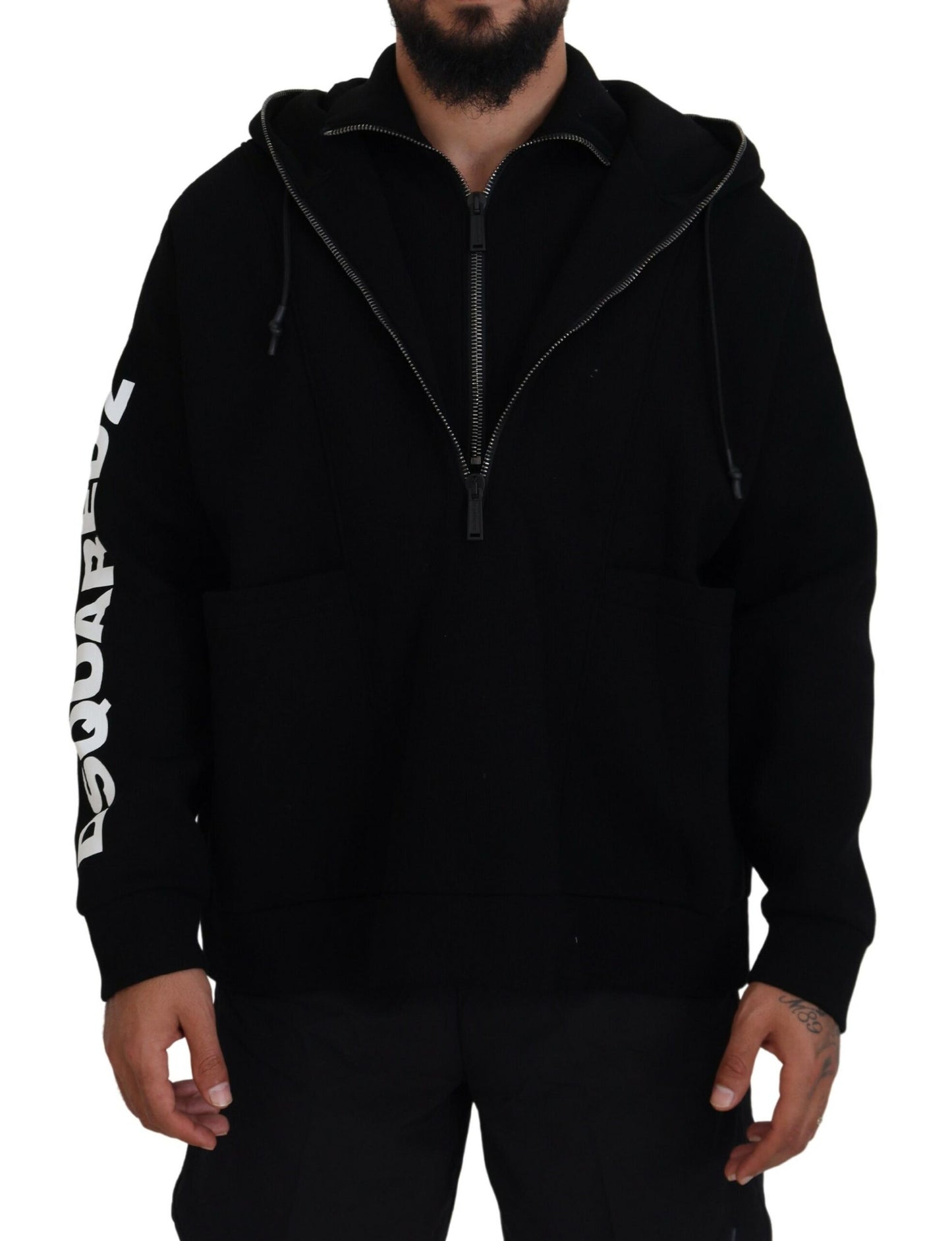  - Black Hooded Printed Sleeves Double Zip Sweater