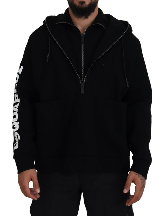  - Black Hooded Printed Sleeves Double Zip Sweater