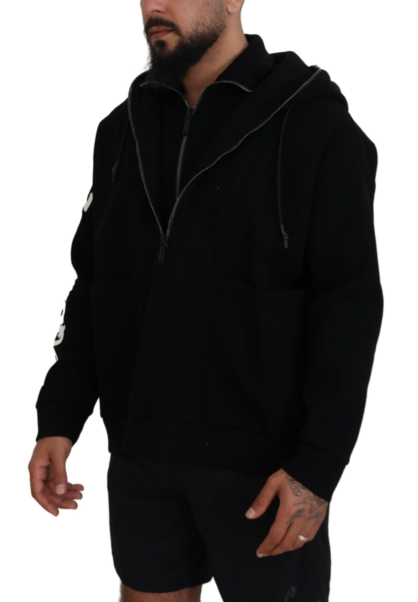  - Black Hooded Printed Sleeves Double Zip Sweater