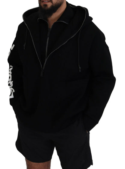  - Black Hooded Printed Sleeves Double Zip Sweater