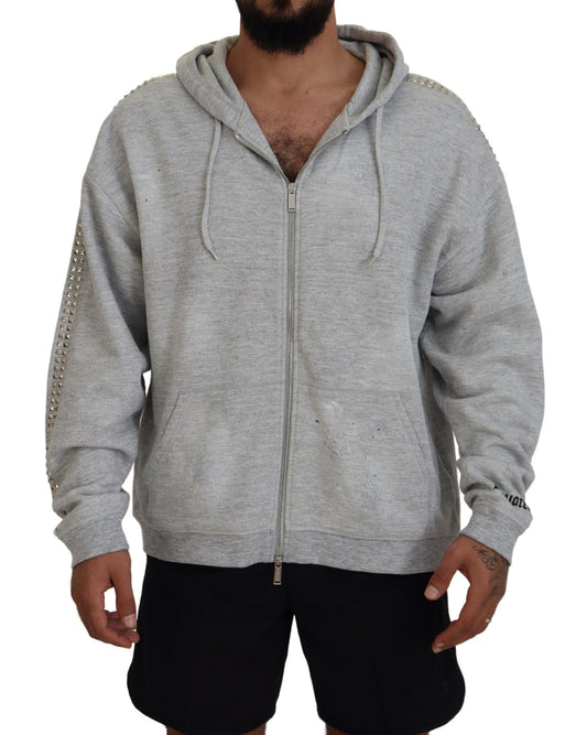  - Gray Hooded Printed Crystal Embellishment Sweater