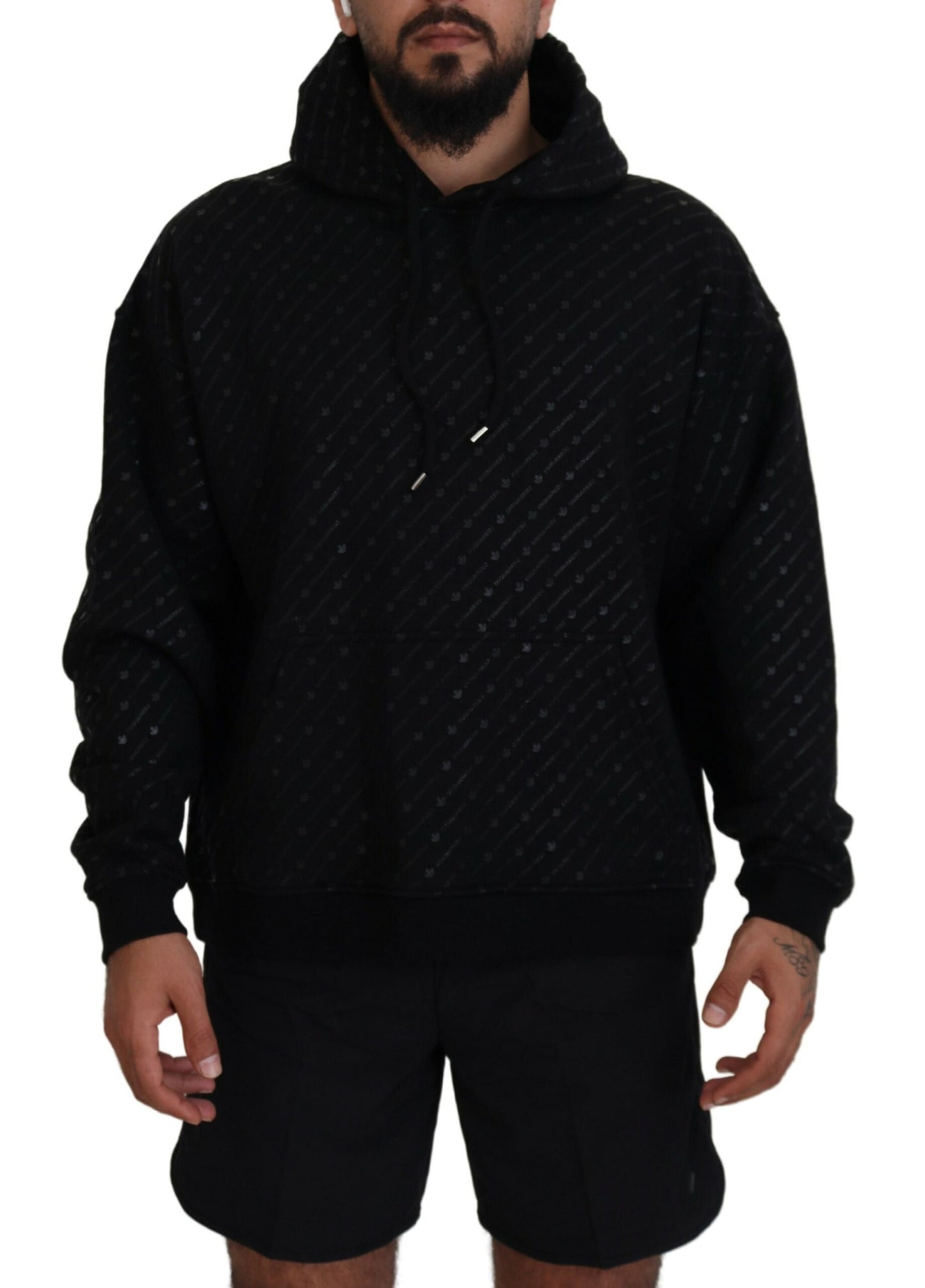  - Black Cotton Hooded Printed Men Pullover Sweater