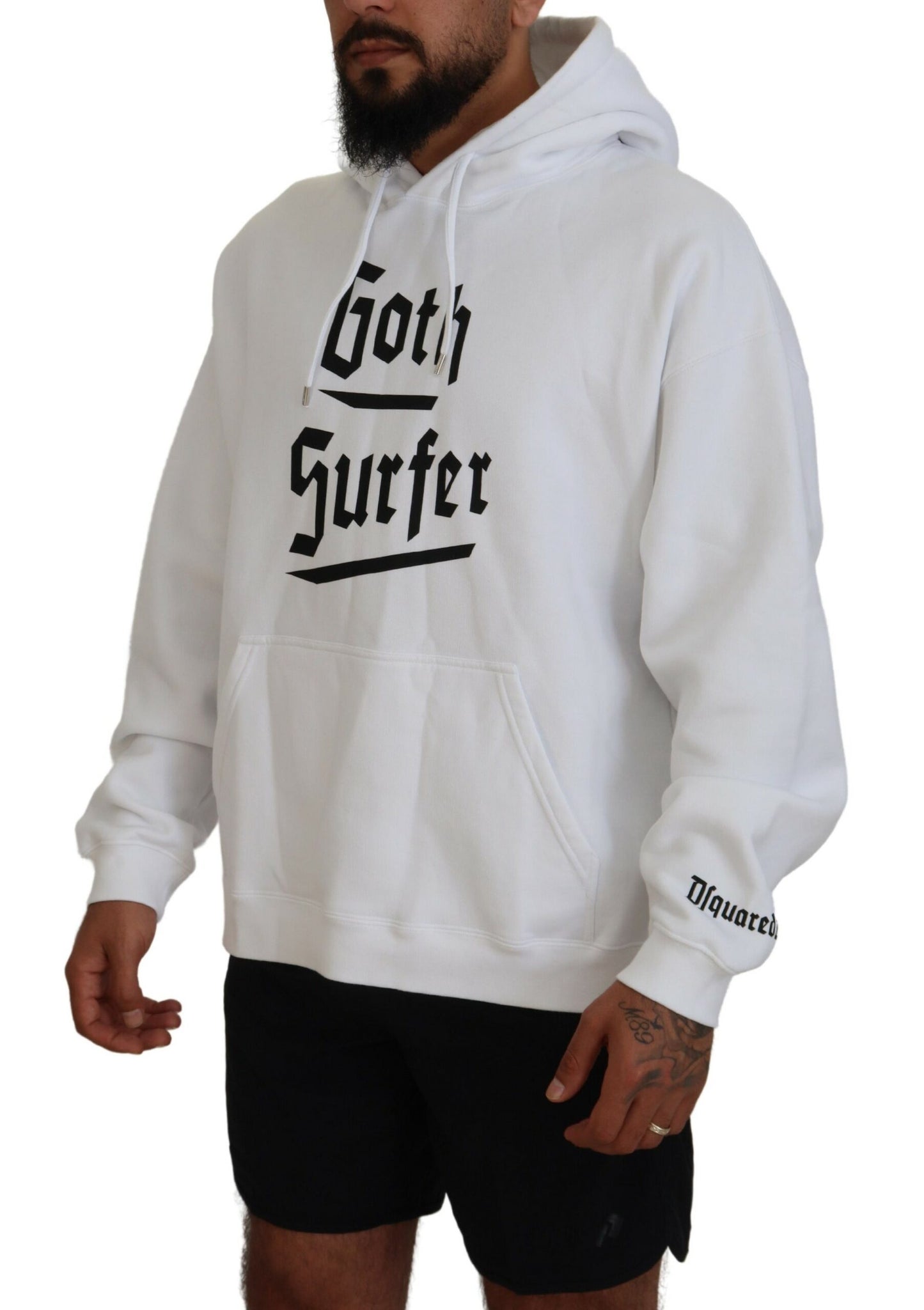  - White Cotton Hooded Printed Men Pullover Sweater