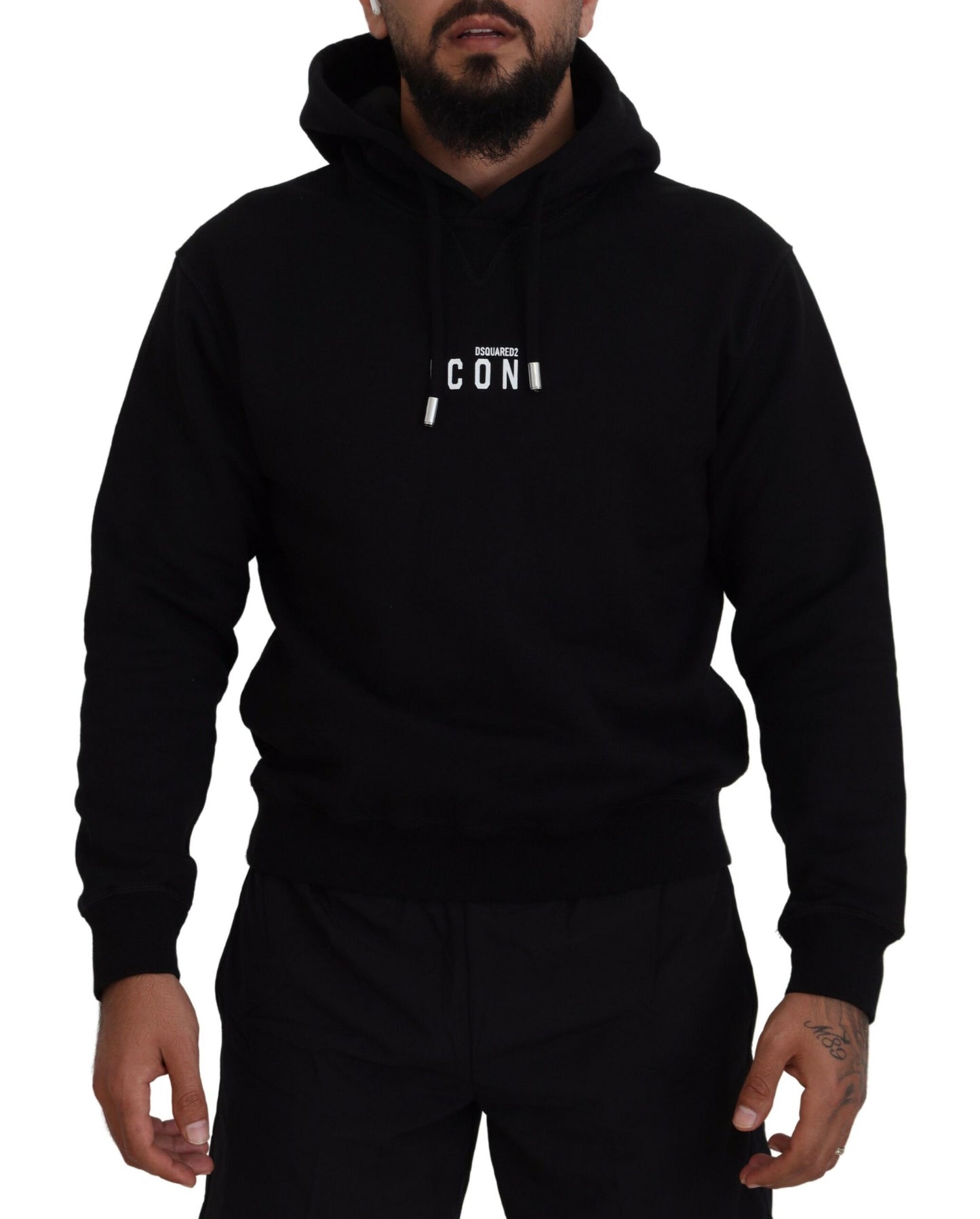  - Black Cotton Hooded Printed Men Pullover Sweater