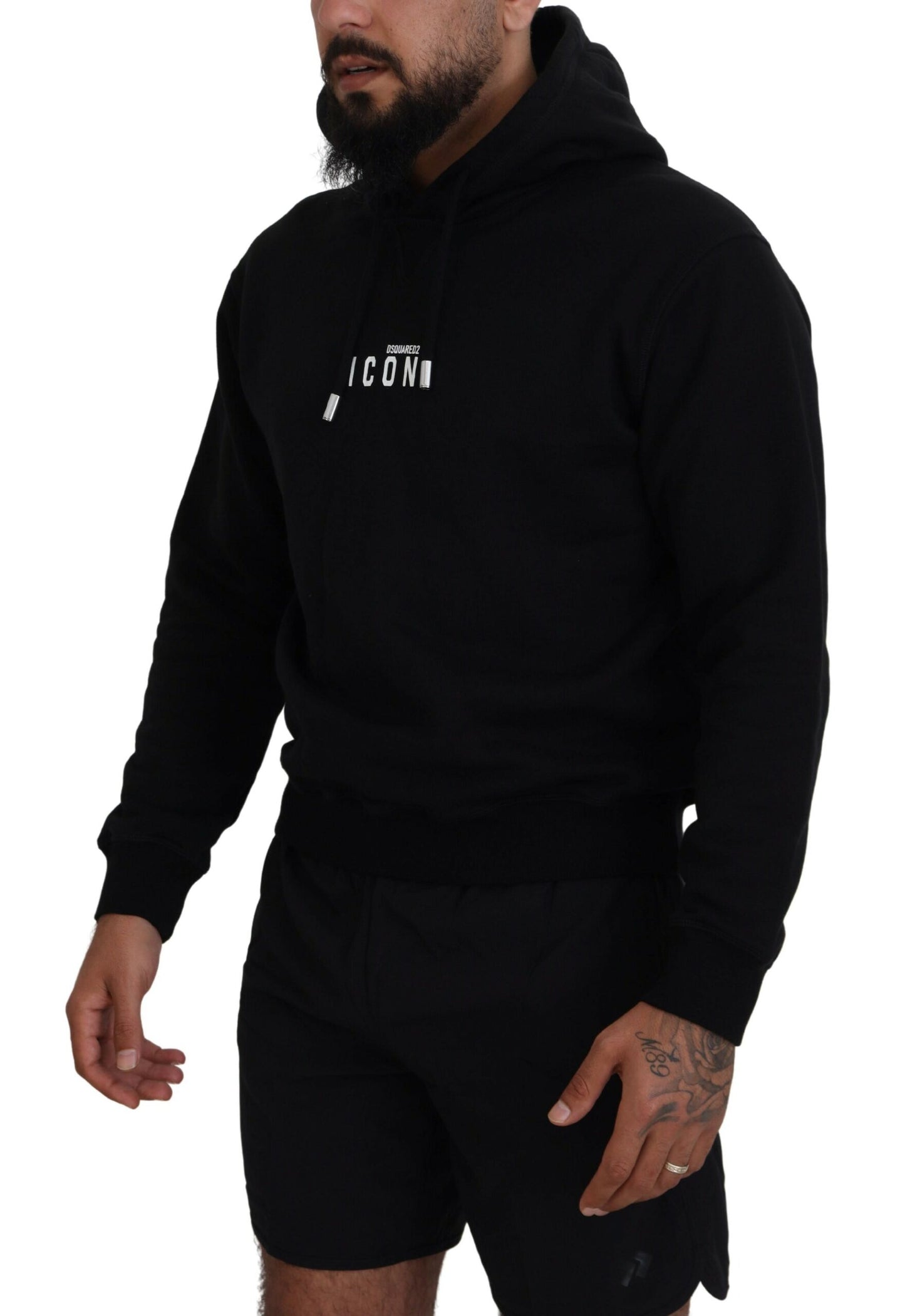  - Black Cotton Hooded Printed Men Pullover Sweater