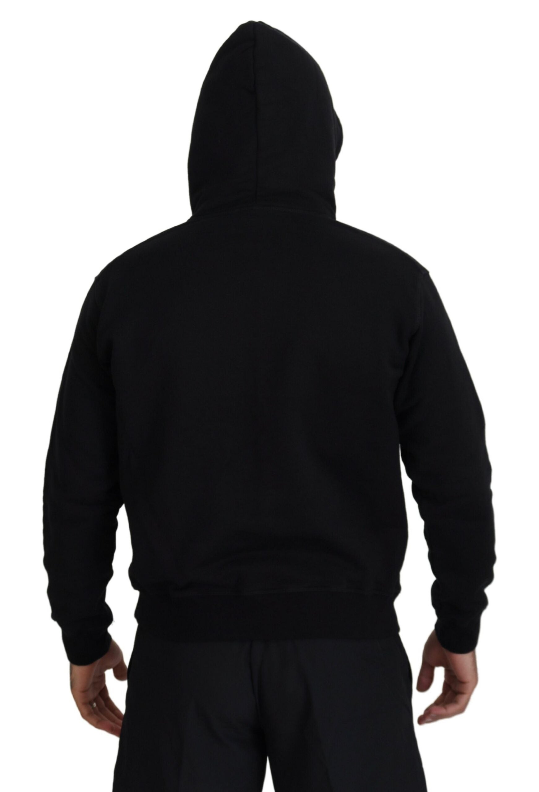 Black Cotton Hooded Printed Men Pullover Sweater