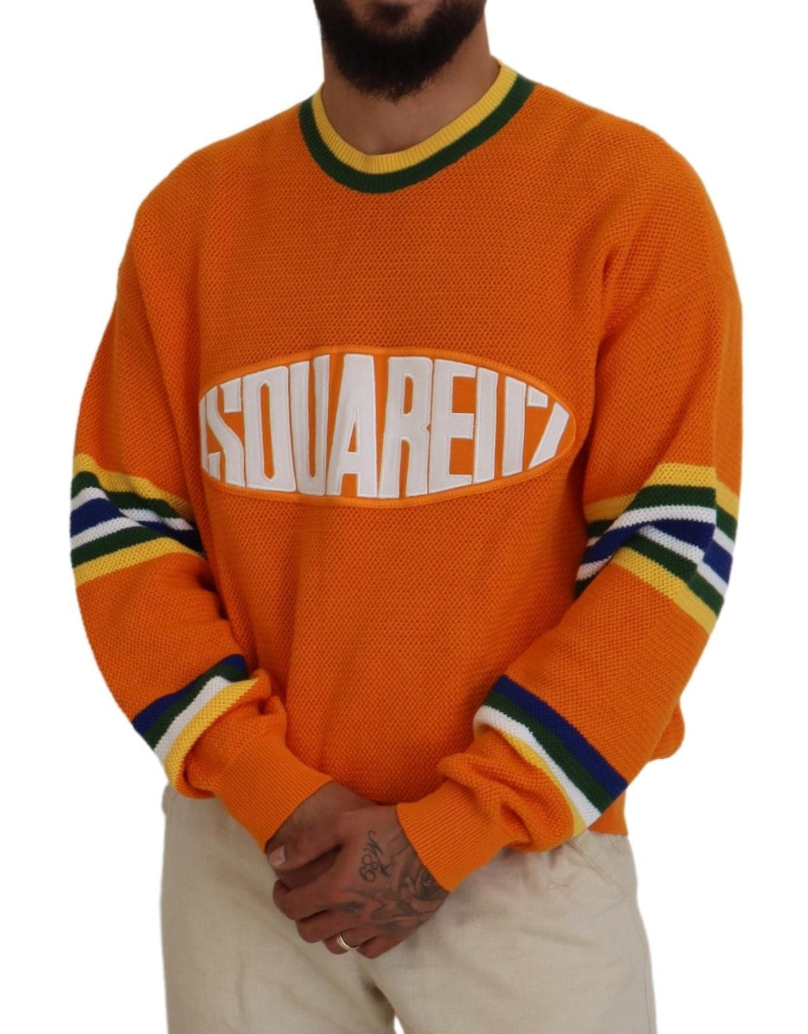  - Orange Printed Long Sleeves Men Pullover Sweater