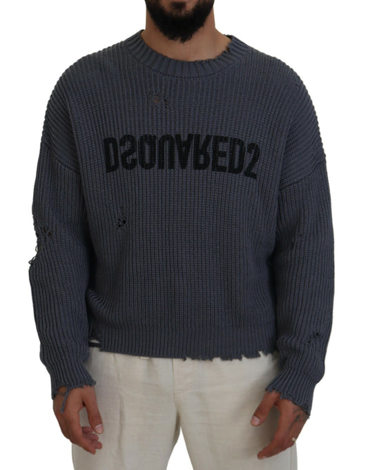  - Gray Men Tattered Knitted Pullover Sweater