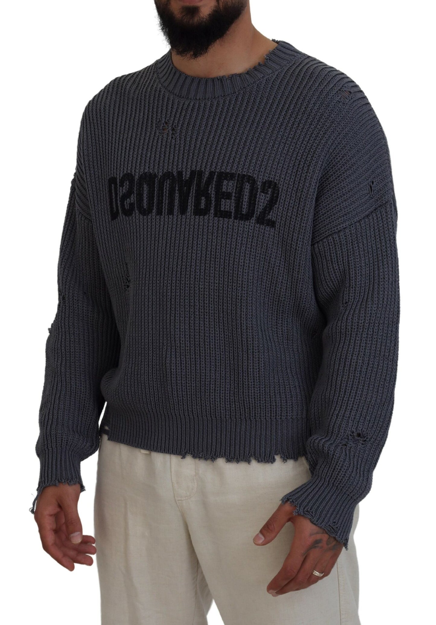  - Gray Men Tattered Knitted Pullover Sweater