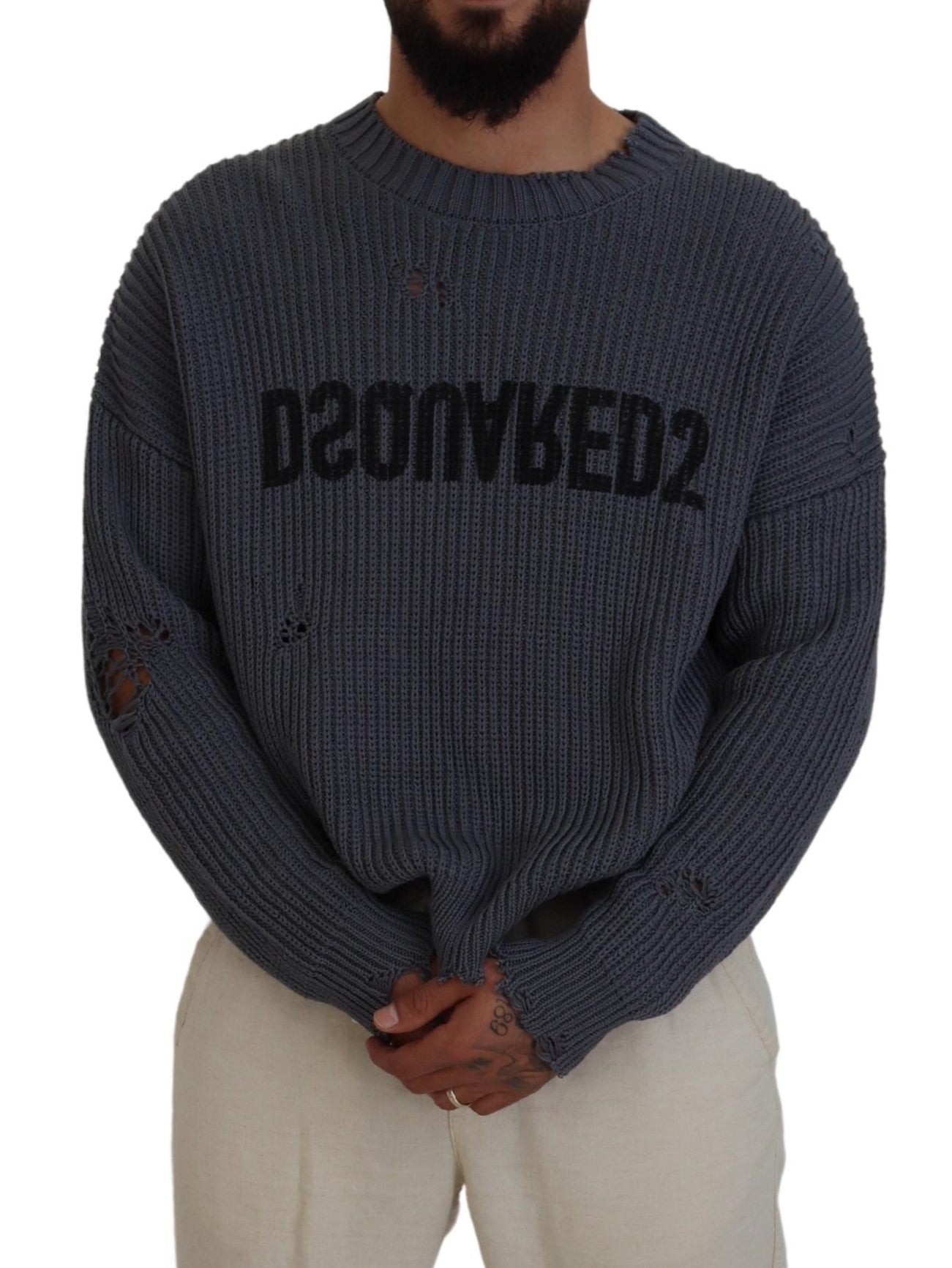  - Gray Men Tattered Knitted Pullover Sweater