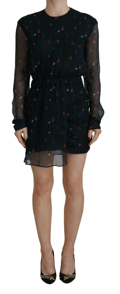  - Black Floral Silk Long Sleeves Sheath Mini Dress