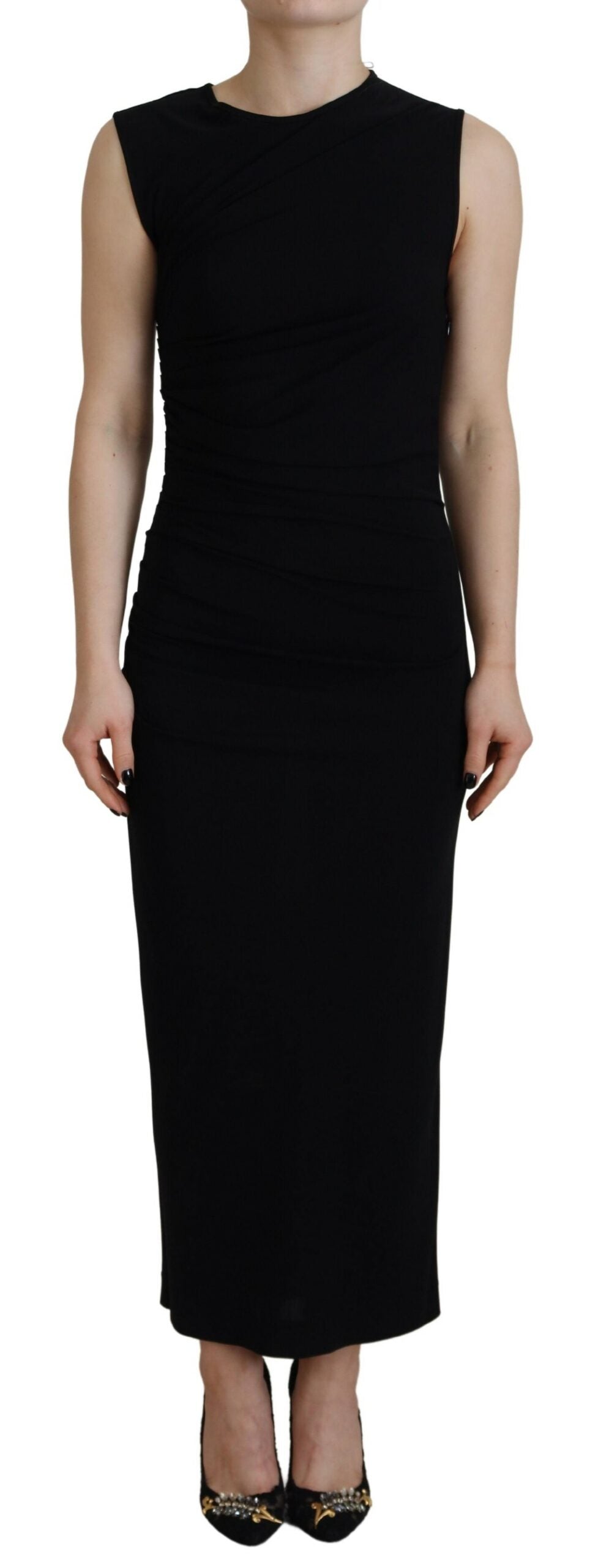  - Black Viscose Sleeveless Ruched Maxi Dress