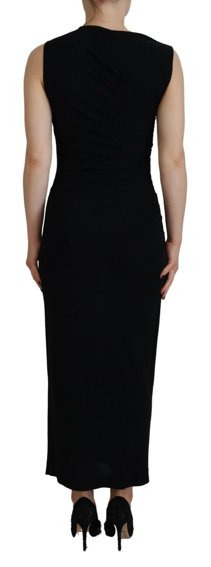  - Black Viscose Sleeveless Ruched Maxi Dress