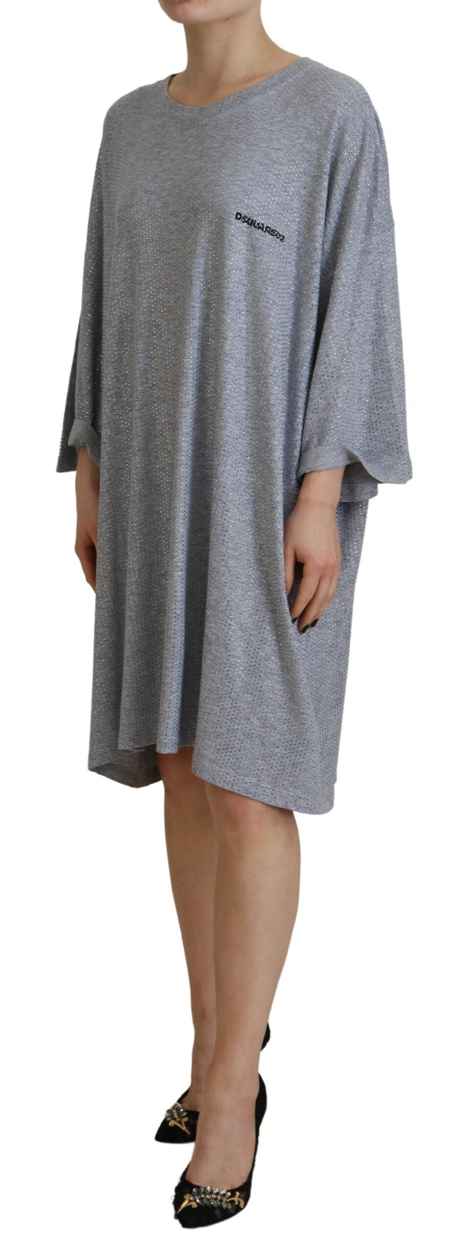  - Gray Crystal Embellished Cotton Long Sleeves Dress