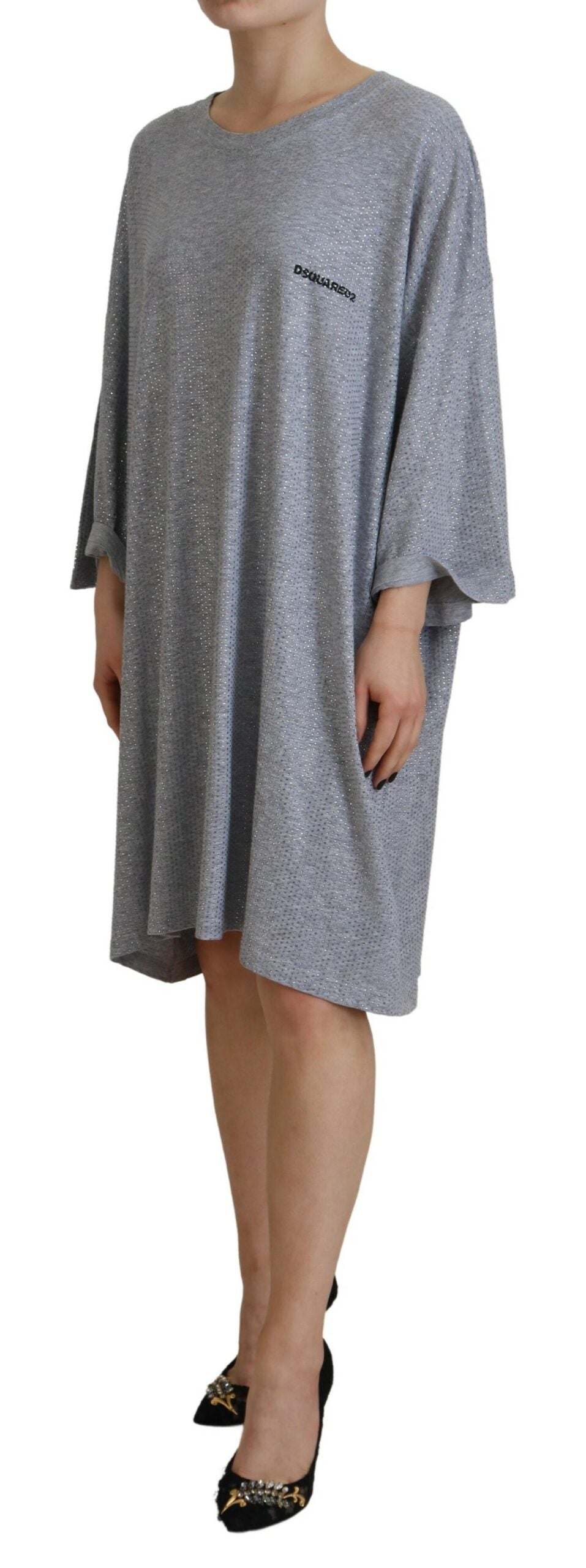 Dsquared2 Gray Crystal Embellished Cotton Long Sleeves Dress
