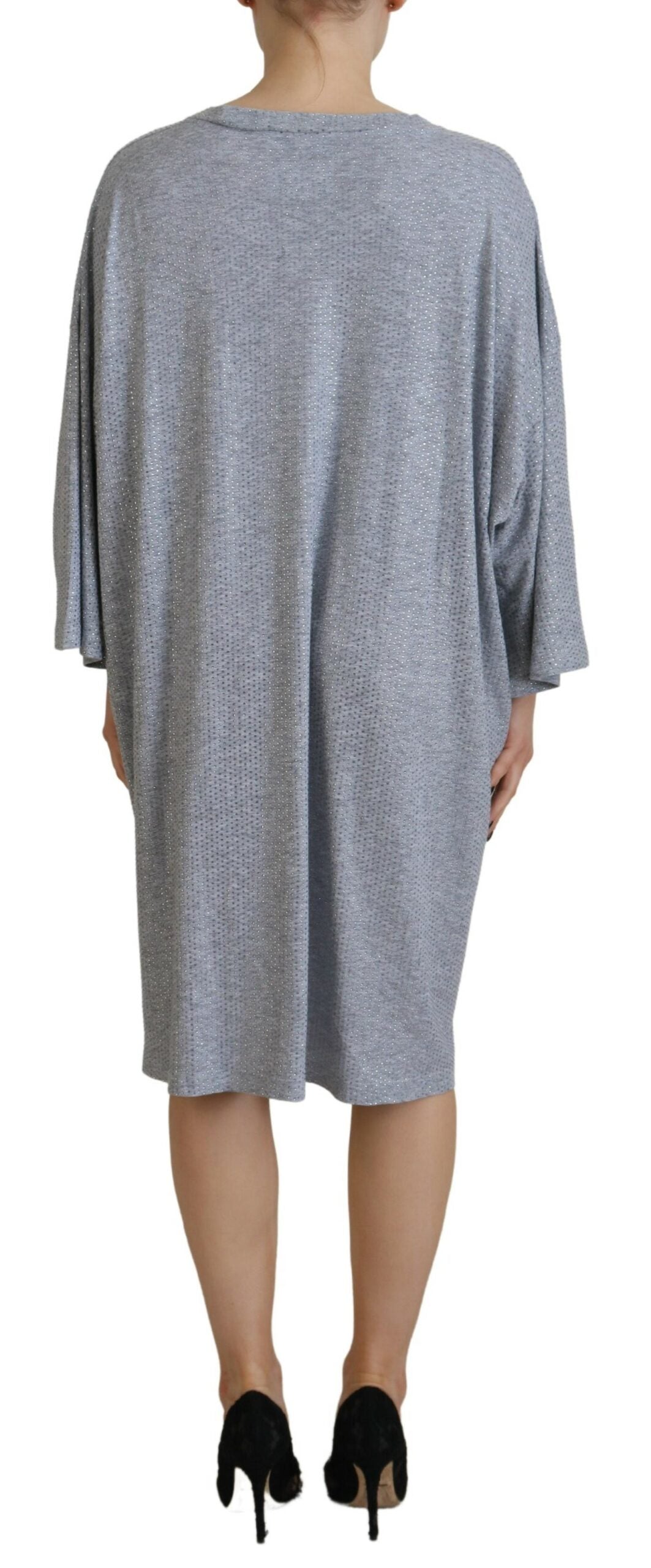  - Gray Crystal Embellished Cotton Long Sleeves Dress