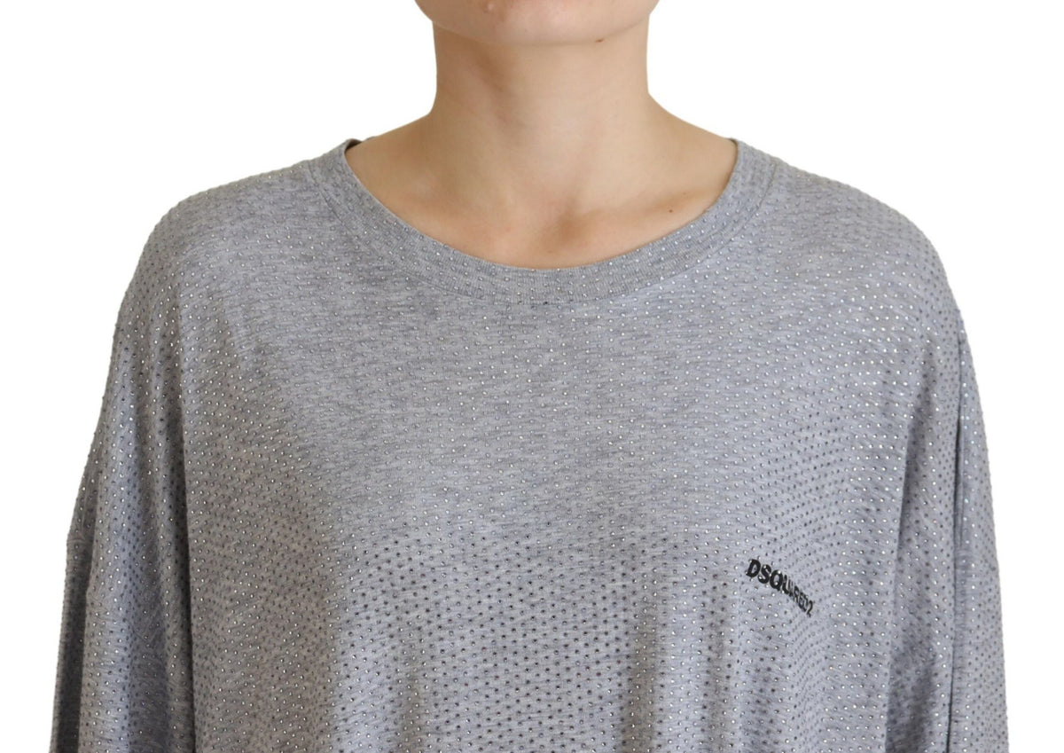 Dsquared2 Gray Crystal Embellished Cotton Long Sleeves Dress