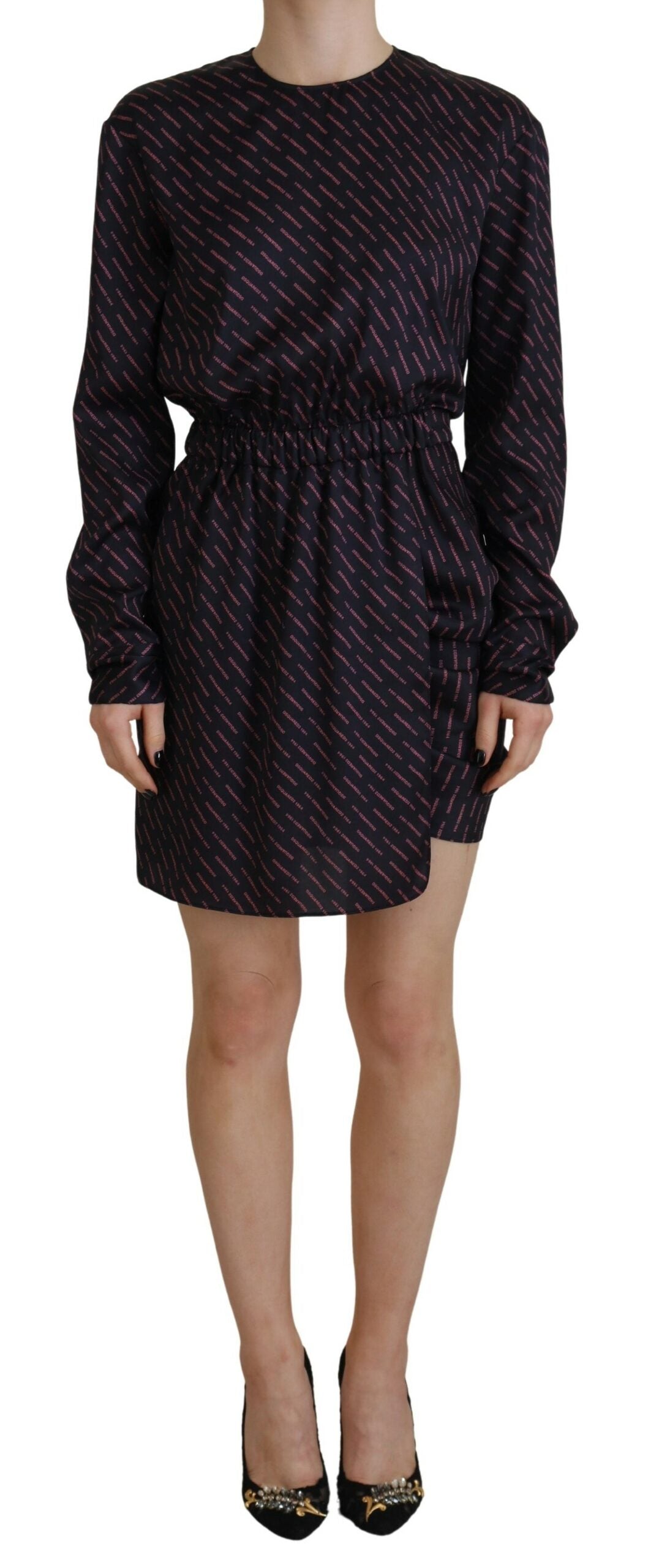  - Black Logo Print Long Sleeves A-line Mini Dress