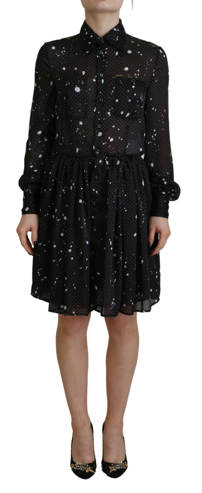  - Black Polka Dot Long Sleeves Button Down Dress