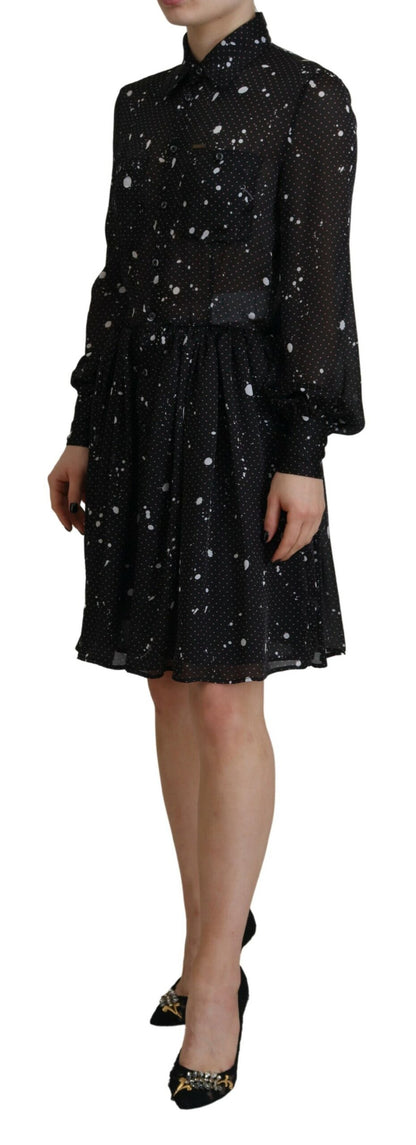  - Black Polka Dot Long Sleeves Button Down Dress