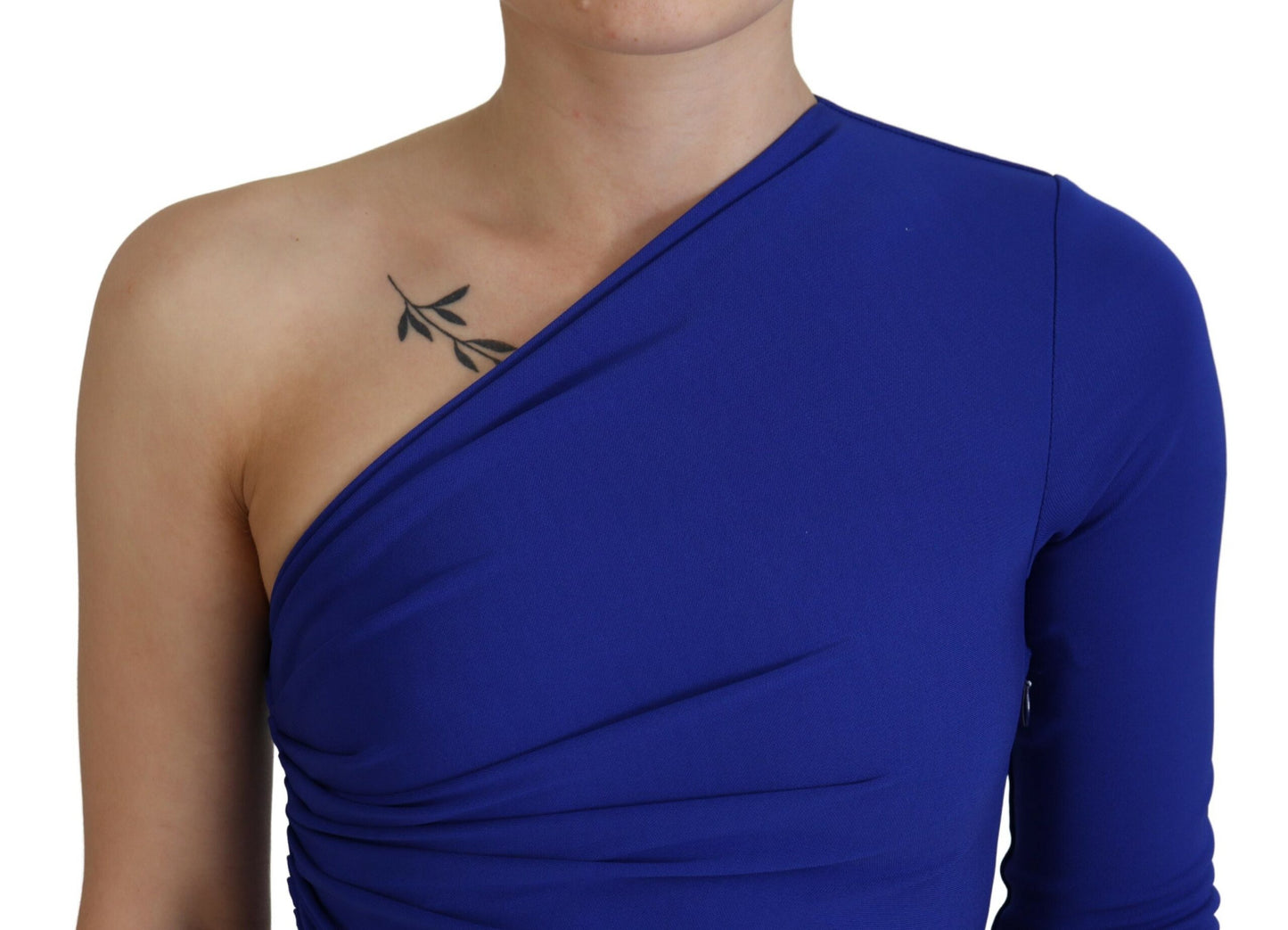  - Blue Viscose One Shoulder Bodycon Ruched Mini Dress