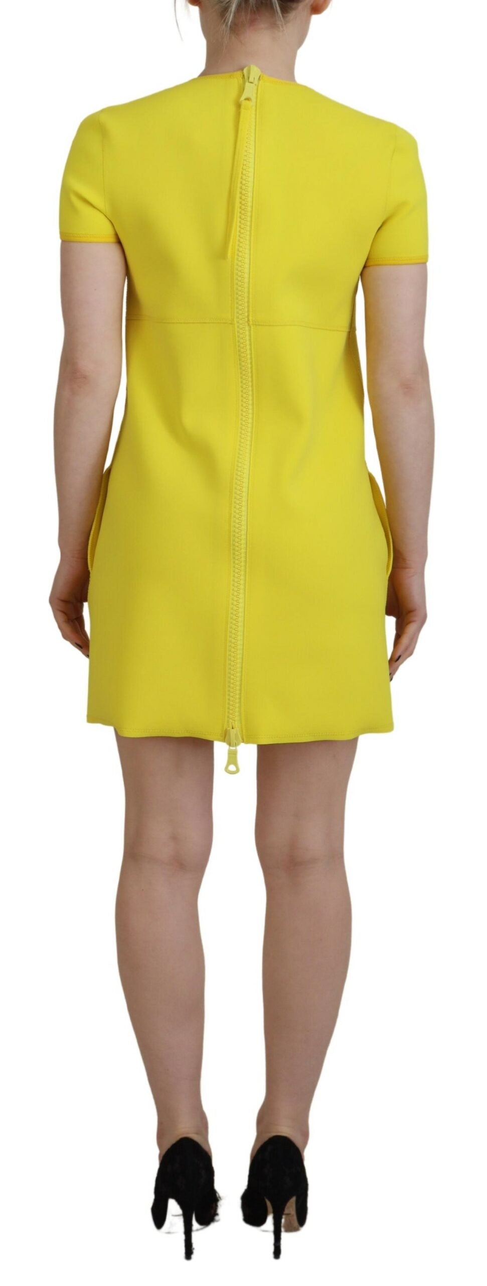  - Yellow Nylon Short Sleeves Round Neck Mini Dress