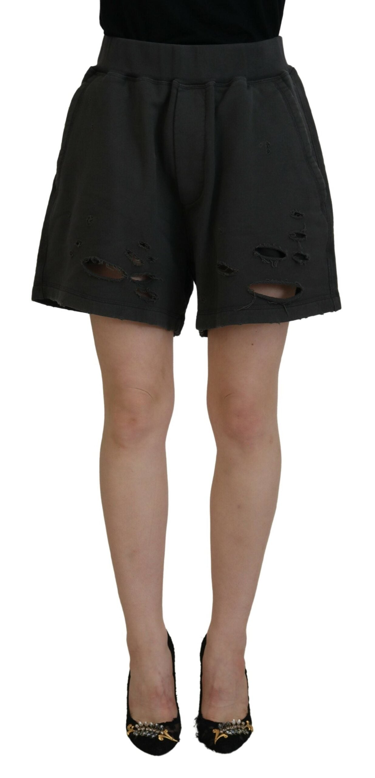  - Black Cotton Mid Waist Tattered Tapered Shorts