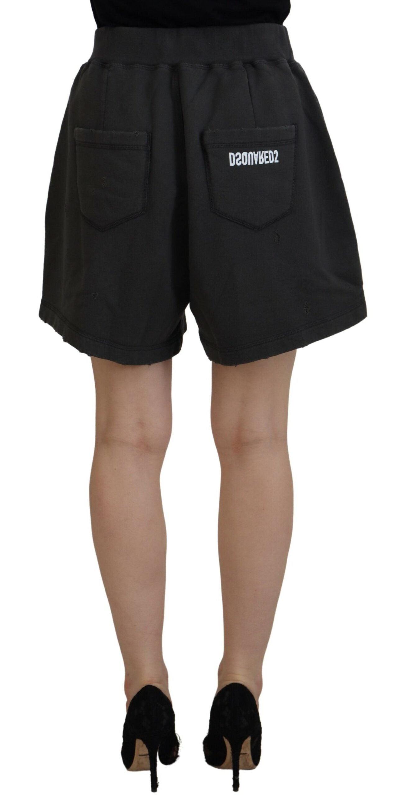  - Black Cotton Mid Waist Tattered Tapered Shorts