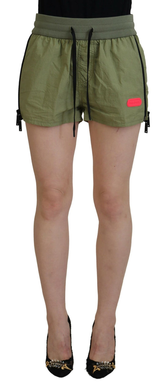  - Green Cotton Mid Waist Drawstring Tapered Shorts