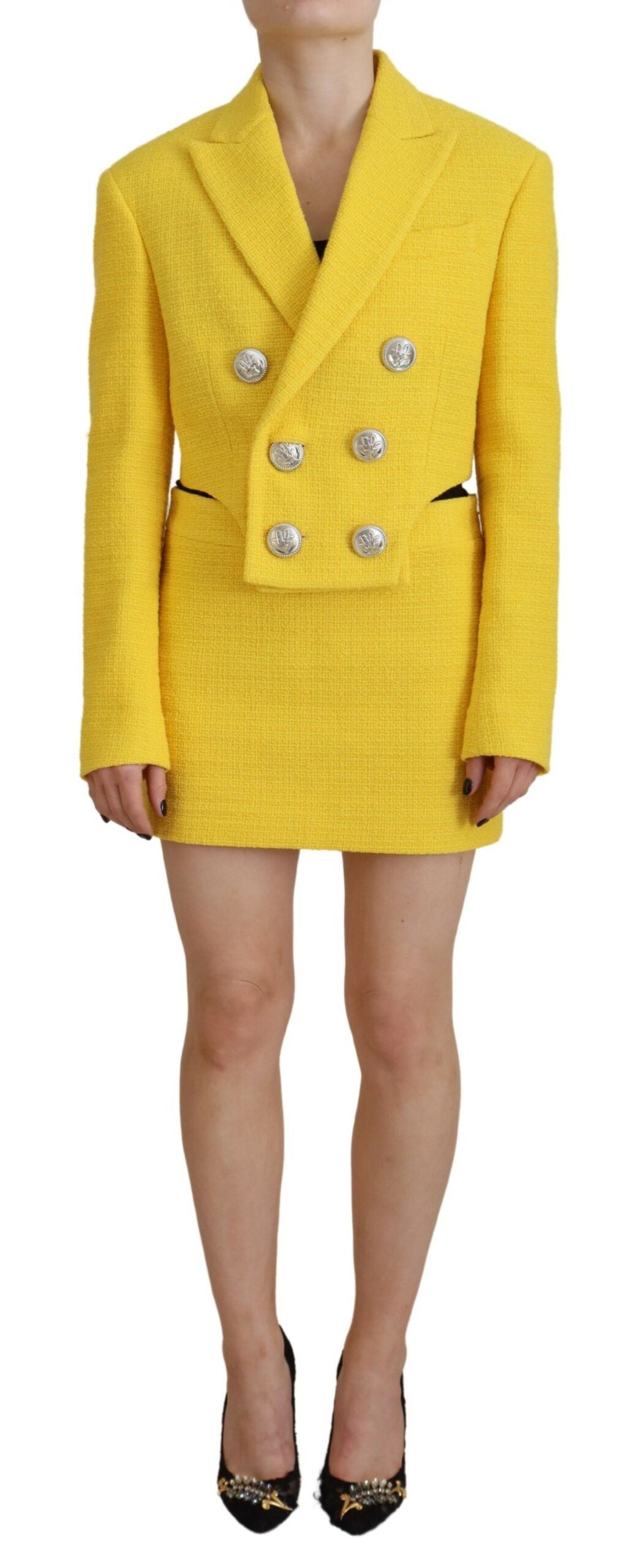  - Yellow Double Breasted Mini Suit Blazer Skirt Set