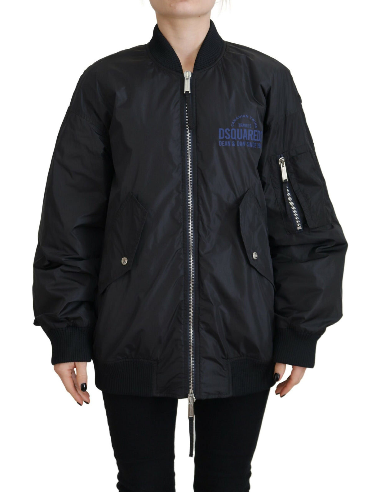 Dsquared2 Black Logo Print Full Zip Women Bomber Jacket