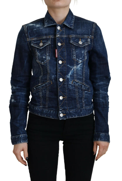 Dsquared2 Blue Icon Printed Distressed Denim Jacket