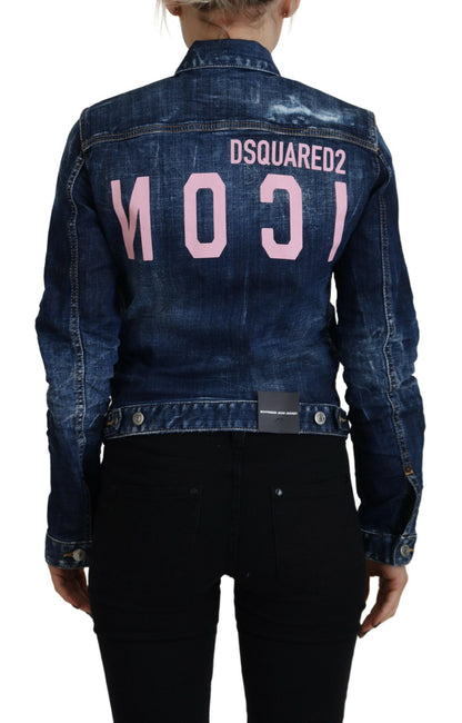  - Blue Icon Printed Distressed Denim Jacket