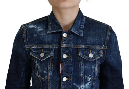 Dsquared2 Blue Icon Printed Distressed Denim Jacket