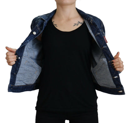 Dsquared2 Blue Icon Printed Distressed Denim Jacket