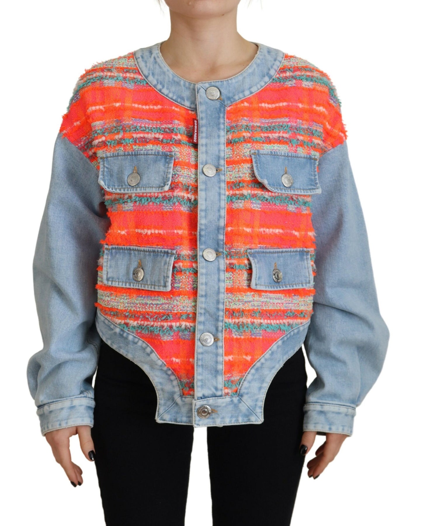  - Orange Blue Panelled Button Front Denim Jacket