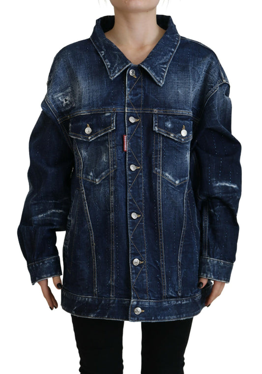  - Blue Distressed Collared Denim Jacket