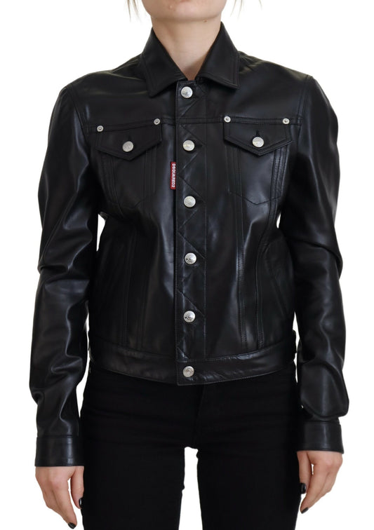  - Black Leather Collared Long Sleeves Jacket