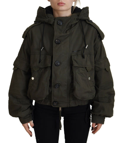  - Green Cotton Hooded Cargo Button Jacket