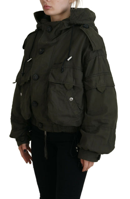  - Green Cotton Hooded Cargo Button Jacket