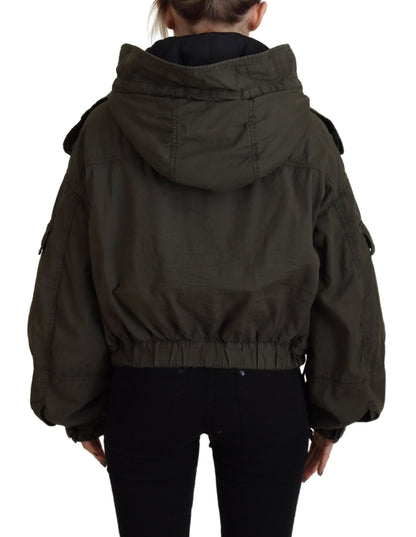  - Green Cotton Hooded Cargo Button Jacket