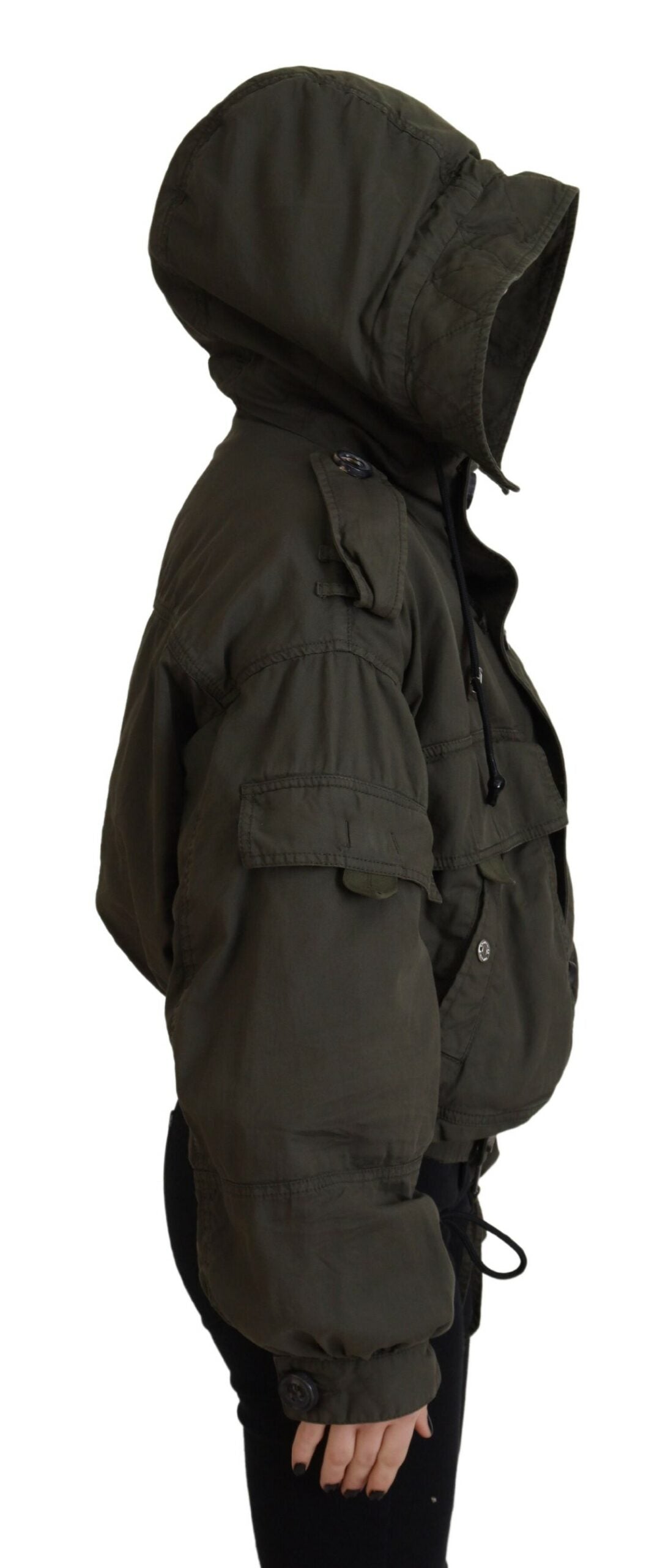  - Green Cotton Hooded Cargo Button Jacket