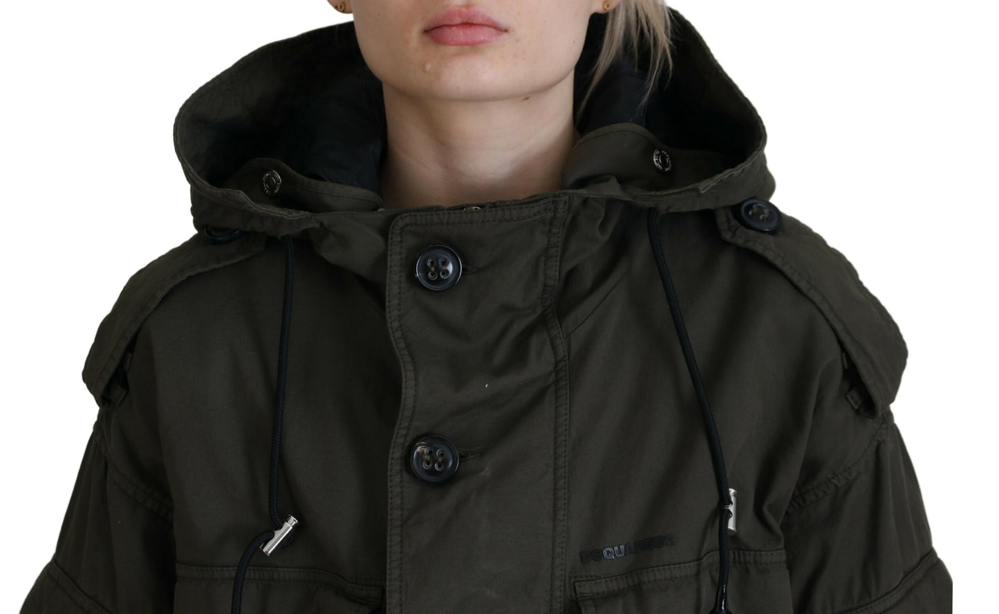  - Green Cotton Hooded Cargo Button Jacket